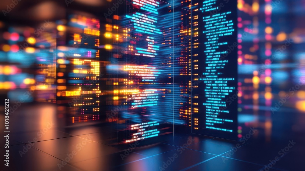 Poster abstract data visualization with vibrant lights and patterns, showcasing innovation in technology an