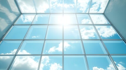 Modern glass office building towering above the city