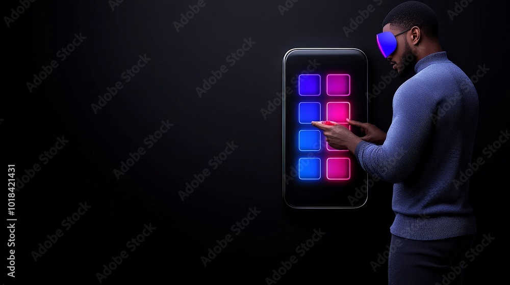 Poster man interacting with virtual reality interface: a man wearing vr goggles interacts with a futuristic