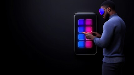 Man Interacting with Virtual Reality Interface: A man wearing VR goggles interacts with a futuristic, glowing interface on a large screen. He navigates a colorful grid of squares.