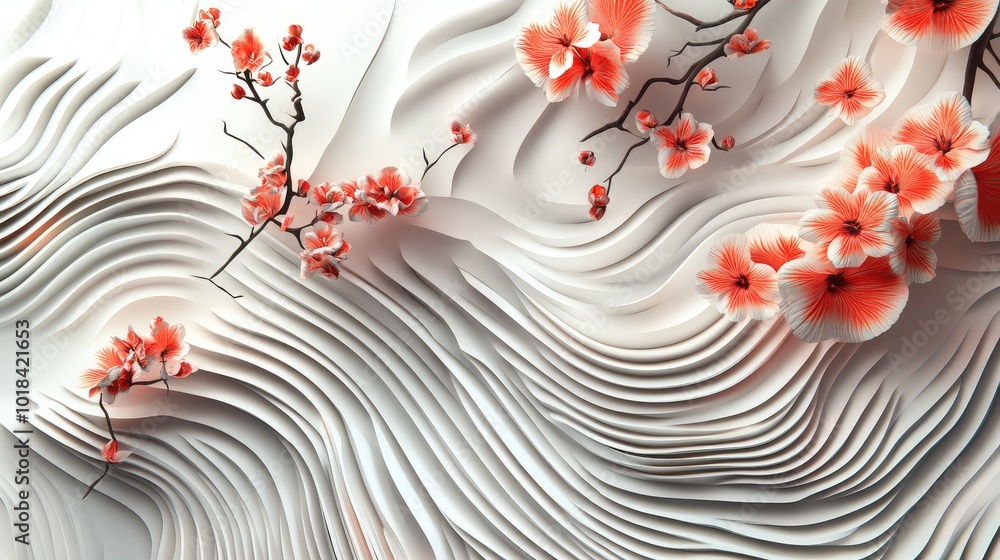 Poster geometric lines forming a 3d effect with flowers peeking through, creating a sense of movement and d