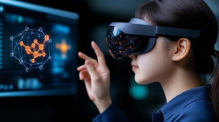 Exploring the Molecular Frontier: A young female scientist uses VR technology to visualize complex molecular structures, showcasing the innovative use of virtual reality in scientific research. 