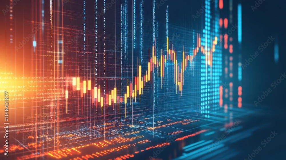 Poster abstract digital financial data visualization with fluctuating graphs and bright colors representing