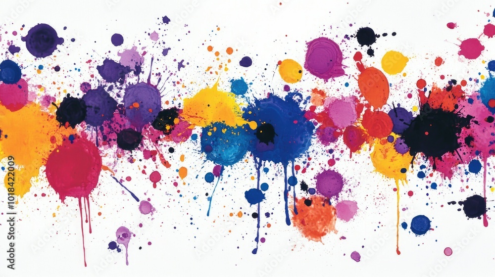 Poster ink splashes in bold colors, isolated on white, creating a dramatic and expressive abstract pattern.