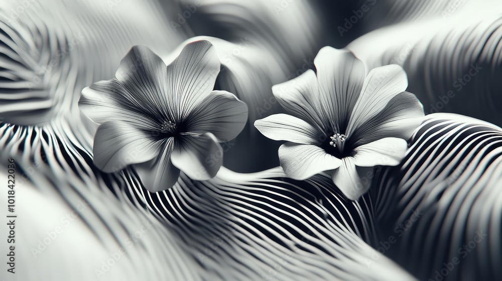 Poster geometric lines forming a 3d effect with flowers peeking through, creating a sense of movement and d