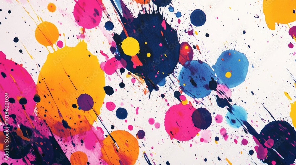 Poster ink splashes in bold colors, isolated on white, creating a dramatic and expressive abstract pattern.