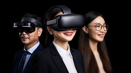 Immersive Technology: A diverse group of professionals experience the future of technology with VR headsets, showcasing a cutting-edge approach to business, education, or entertainment.