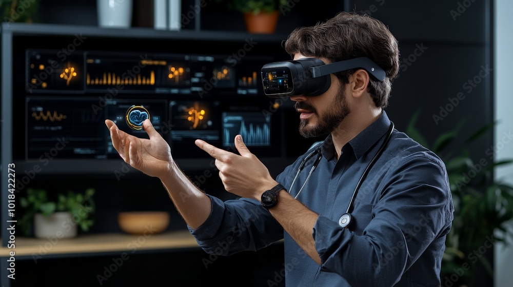 Poster vr data visualization: a businessman wearing vr goggles interacts with digital data in a futuristic 