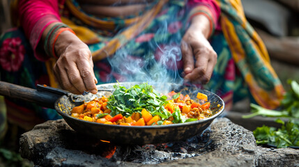 Rural Women Cooking over an Outdoor Stove	