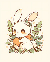 Cute Bunny with Carrot in Floral Garden - Whimsical Animal Illustration