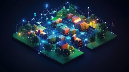 Fototapeta premium Isometric view of a global logistics network, highlighting fast delivery with interconnected nodes.