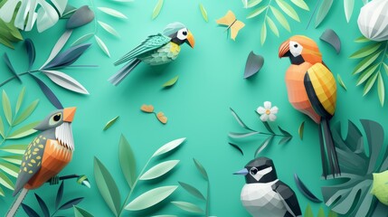 Obraz premium Colorful Paper-Style Birds Surrounded by Lush Greenery A Top View of Nature's Wildlife
