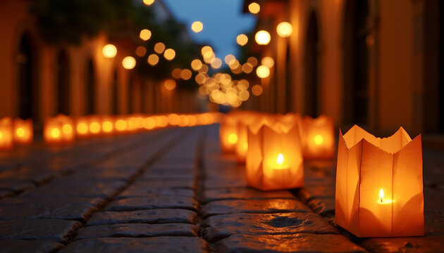 Luminarias Glowing Along a Cobblestone Street at Dusk