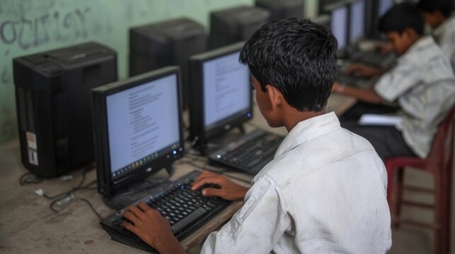 A teacher giving a presentation on basic computer skills to an eager audience, [World Computer Literacy Day], [knowledge sharing, tech advancement], ,