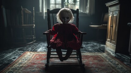 Obraz premium A creepy doll sitting on an old rocking chair in a dark room