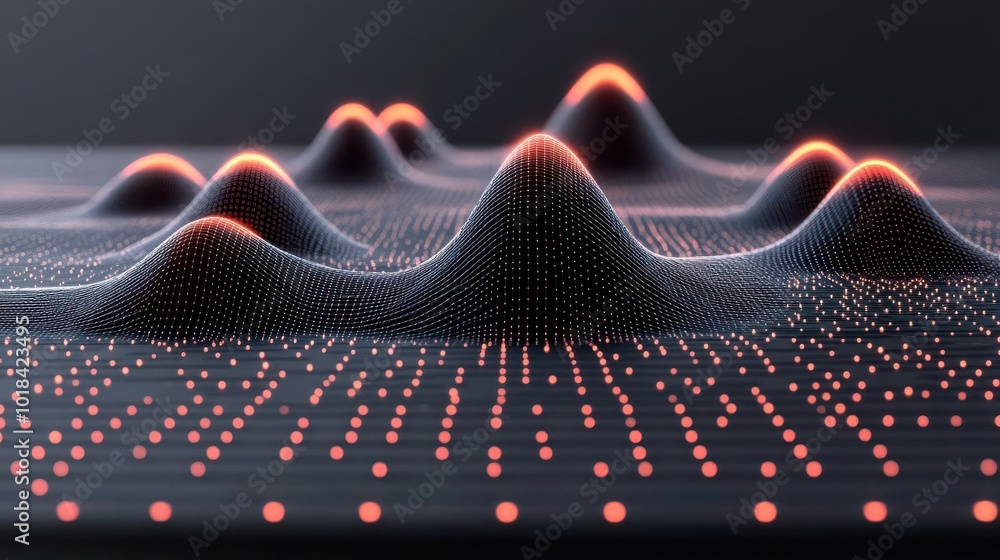 Poster abstract visualization of data waves with glowing peaks and vibrant dots, representing modern techno