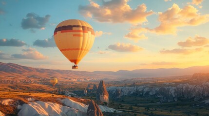 Obraz premium Hot air balloon flying in the sky with beautiful scenery banner background. AI generated images