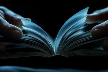 Mysterious hands flipping pages of a book in low light