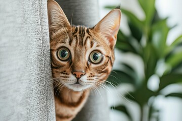 Close-up of a Bengal cat peeking from behind a grey fabric
