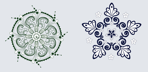 Composition of two floral mandalas in green and blue shades. Organic style with plant motifs.