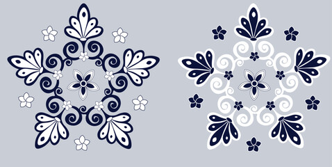 A symmetrical pattern in blue and white with swirls and stylized leaves. Snowflake shaped pattern