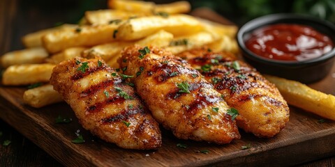 Golden Grilled Fish with Crispy Fries and Tomato Sauce, a Delicious and Satisfying Meal