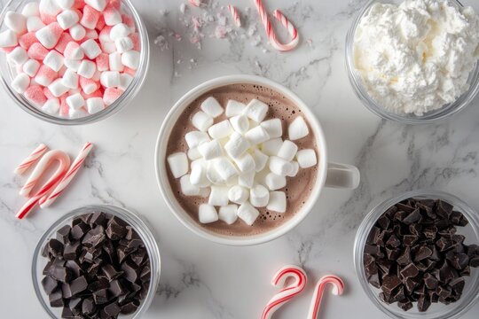 Hot chocolate with marshmallows and candy canes on marble background