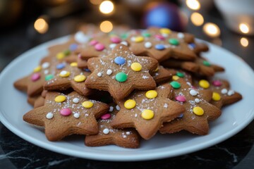Festive star-shaped biscuits decorated with colorful candy coated sweets in cozy holiday setting