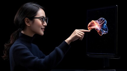 The Future of Innovation: A woman in glasses points at a glowing, intricate digital brain on a computer screen, a vibrant representation of artificial intelligence and technological advancement.  