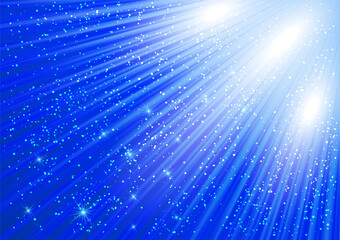 Sparkling glitter and glowing rays with shiny stars. Christmas blue background.