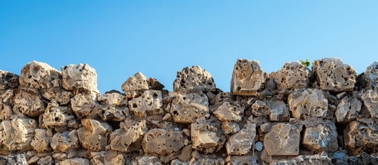 Weathered Stone Wall Against Clear Blue Sky with Copy Space