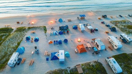An aerial photo of a beachfront campground. The campground is spread out over a large area. There are various tents and RVs parked on the sand. Some tents have canopies