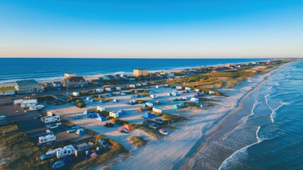A photo of an aerial view of a beachfront campground. The campground has various tents and RVs. The beach is visible along the campground's edge.