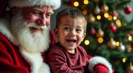 A young boy is smiling and laughing while being held by Santa Claus