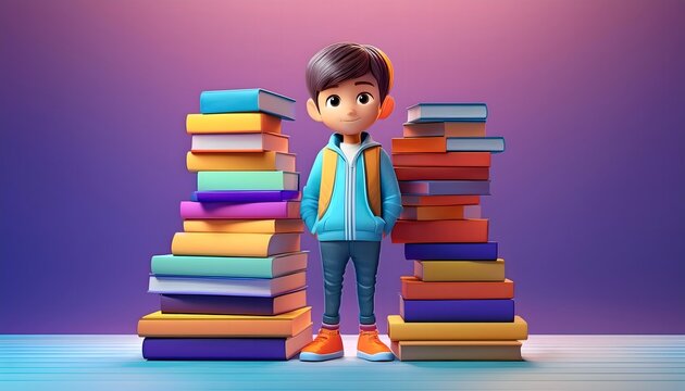 child standing between two tower of books.Happy schoolboy and stacks of books on blue background. Back to school