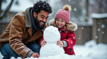A man and a little girl are sitting in the snow, making a snowman