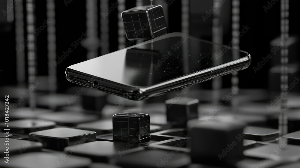 Poster smartphone with digital blockchain structure, 3d icons and a technology-inspired layout.