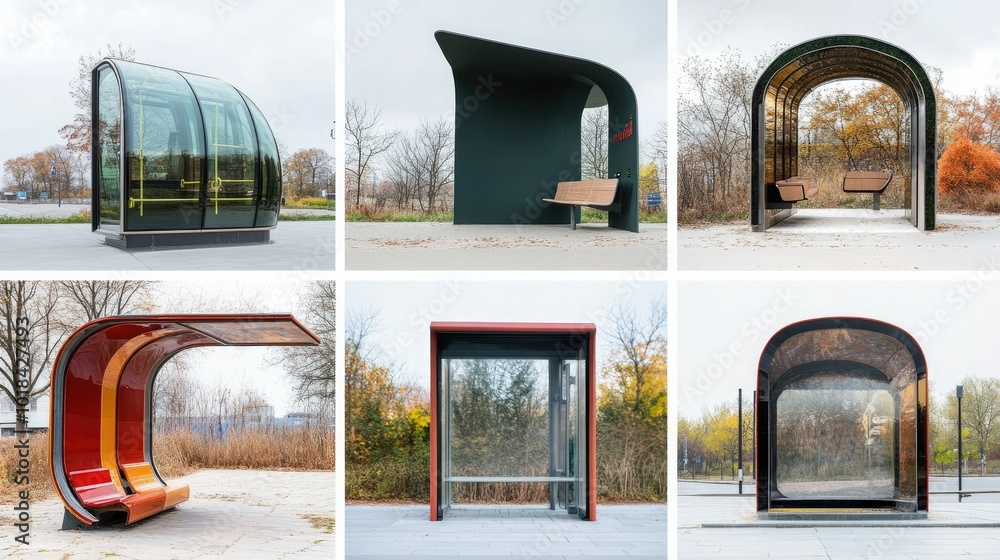 Poster multiple bus stop photos with unique seating and shelter designs, placed on a white background for a