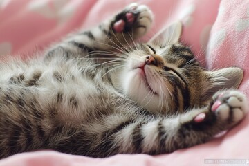 A Tabby Kitten Sleeping with Paws Up on Pink Blanket