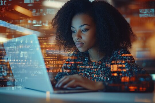Focused young professional woman working on laptop with digital data overlay