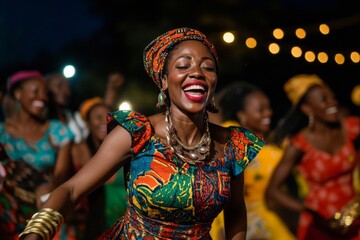 Joyful celebration in vibrant traditional african attire at night festival