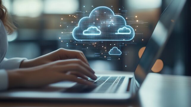 Businesswoman using laptop to access cloud computing system, AI generated image