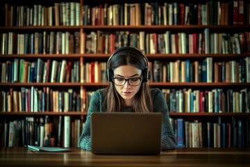 Woman studying in a cozy library with headphones and laptop surrounded by books
