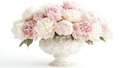 Fototapeta premium Pink and white peonies in a decorative porcelain vase, providing a soft, romantic vibe against a white background.