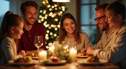 A family is gathered around a table with a Christmas tree in the background