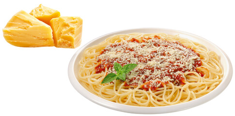prato com espaguete com molho de tomates maduros acompanhado de pedaço de queijo parmesão isolado em fundo transparente