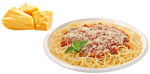 prato com espaguete com molho de tomates maduros acompanhado de pedaço de queijo parmesão isolado em fundo transparente