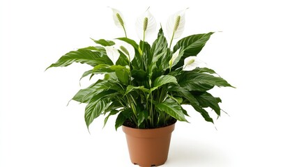 Potted peace lily with broad dark green leaves and delicate white flowers, placed on a bright white background.