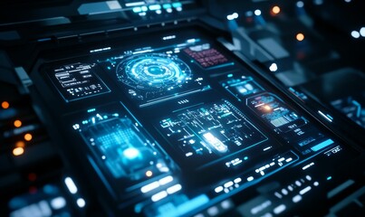 Obraz premium Futuristic digital interface with glowing blue displays.