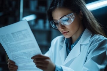 Focused scientist in lab coat and safety glasses analyzing documents in a laboratory setting